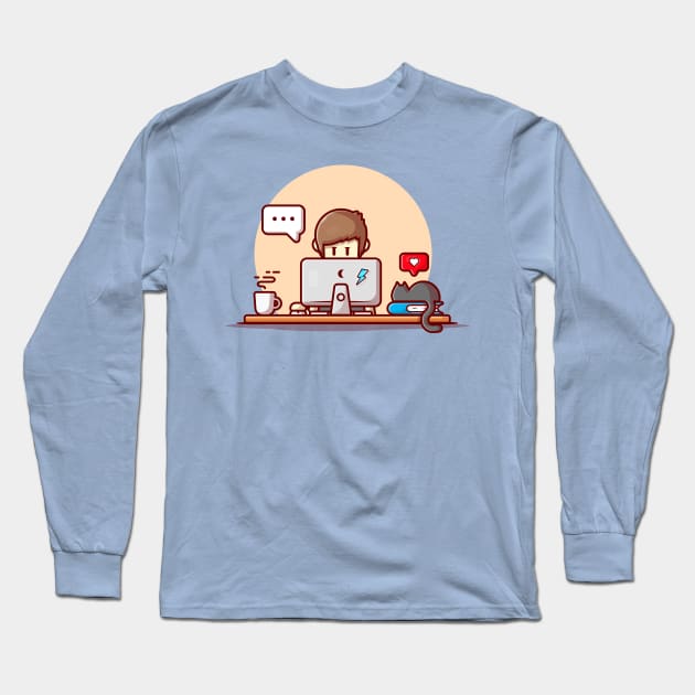 Male Working On Laptop Cartoon Vector Icon Illustration Long Sleeve T-Shirt by Catalyst Labs